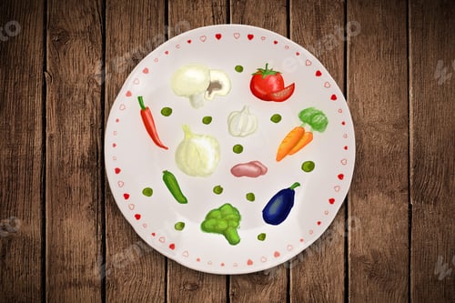 Preview: Colorful Plate With Hand Drawn Icons, Symbols, Vegetables And Fruits On Grungy Background