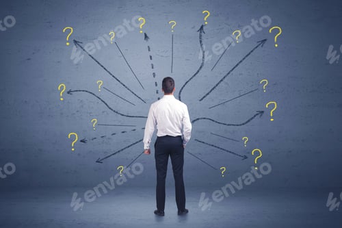 Preview: Businessman Standing In Front Lines And Question Mark Signs Concept On Background