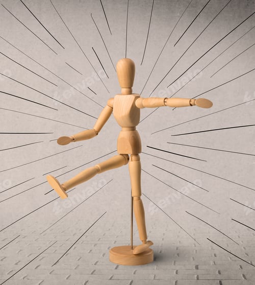 Preview: Wooden Mannequin Posed In Front Of A Greyish Background With Black Lines Around Him