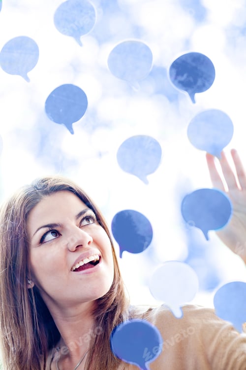 Preview: Woman With Many Thought Bubbles - Communication Concepts