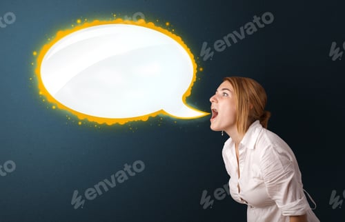 Preview: Young Woman With Modern Speech Bubble And Copy Space