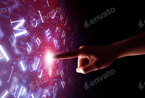 Preview: Female Finger Touching A Beam Of Light Surrounded By A Pink Background With Alphabet Letters