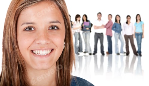 Preview: Woman Leading A Group Of College Students - Isolated Over A White Background