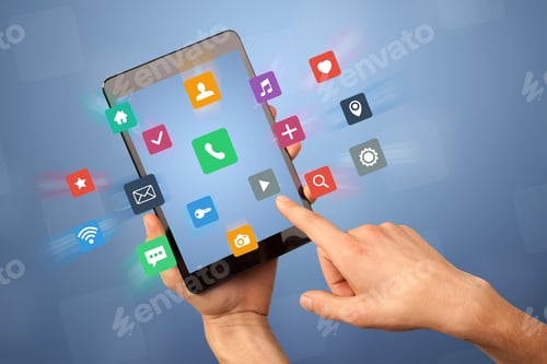 Preview: Female Fingers Touching Tablet With Colorful Applications