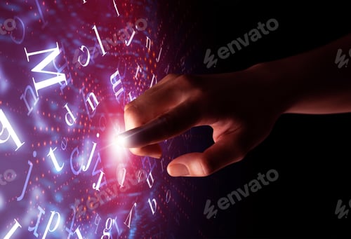 Preview: Female Finger Touching A Beam Of Light Surrounded By A Pink Background With Alphabet Letters