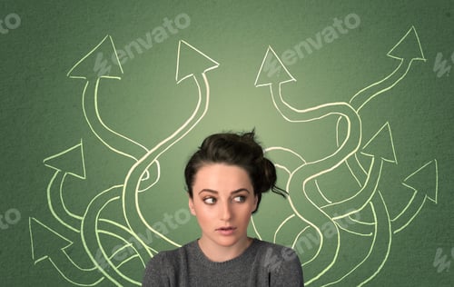Preview: Young Student With Thoughtful Expression With Tangled Arrows Coming Out Of Her Back