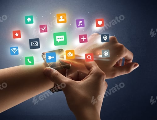 Preview: Naked Female Hand With Smartwatch And Application Labels Around And Dark Background