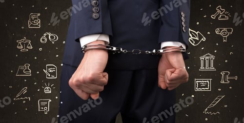 Preview: Chalk Drawn Courthouse Symbols And Close Handcuffed Hands In Suit