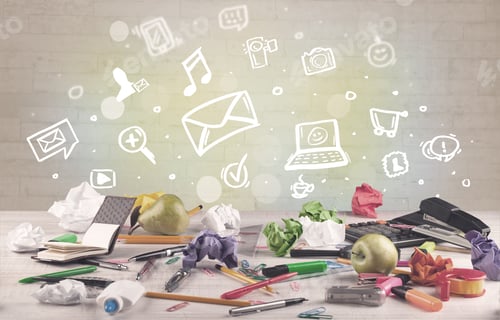 Preview: Social Media Online Communication Concept With Icons And Close Up Of Business Office Desk Full Of