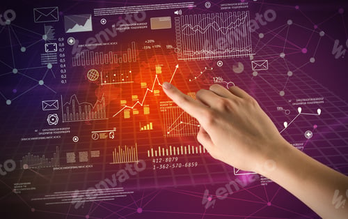 Preview: Female Hand Touching Charts And Graphs On A Red And Purple Background