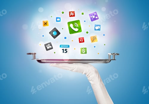 Preview: A Stylish Waiter Hand With White Gloves Holding A Silver Plate Full Of Social Media Communication