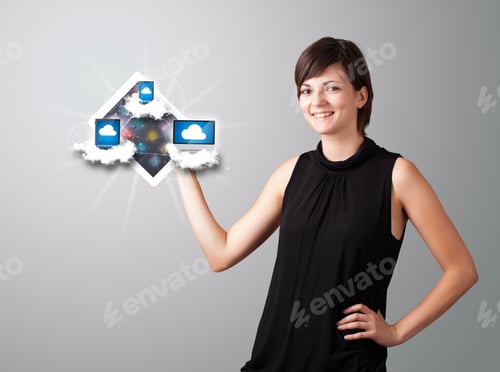Preview: Beautiful Young Woman Holding Tablet With Modern Devices In Clouds