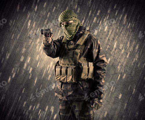 Preview: Close Up Of An Armed Terrorist Man With Mask On Rainy Background