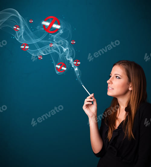 Preview: Beautiful Young Woman Smoking Dangerous Cigarette With No Smoking Signs