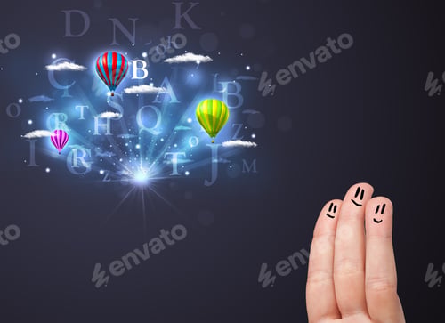 Preview: Happy Cheerful Smiley Fingers Looking At Hot Air Balloons In The Cloudy Sky