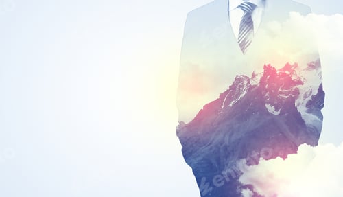 Preview: Businessman Standing And Thinking With Snowy Mountain Graphic