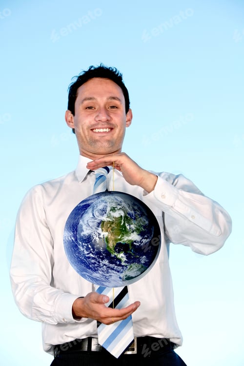 Preview: Business Man Smiling And Holding Globe In His Hands