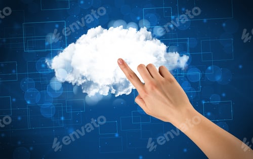 Preview: Female Hand Touching Cloud With Blue Background