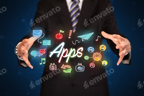Preview: Businessman With Drawn Application Icons And Symbols In His Hands