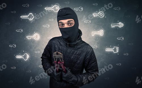 Preview: Burglar Standing With Tools In His Hand.