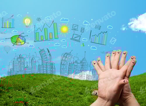 Preview: Happy Cheerful Smiley Fingers Looking At Hand Drawn Urban City Landscape