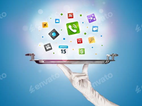 Preview: A Stylish Waiter Hand With White Gloves Holding A Silver Plate Full Of Social Media Communication