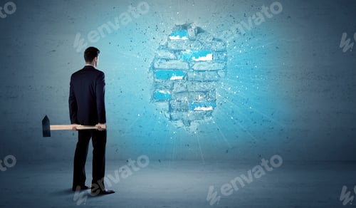 Preview: Business Man Hitting Grungy Brick Wall With Huge Hammer