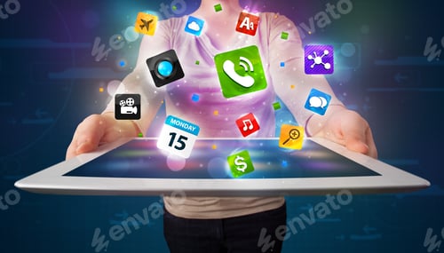 Preview: Young Lady Holding A Tablet With Modern Colorful Apps And Icons