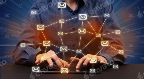 Preview: Businessman In Suit Typing With Connected Mail Icons Around
