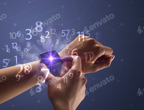 Preview: Close Up Female Naked Hand Wearing Smartwatch And Numbers Around