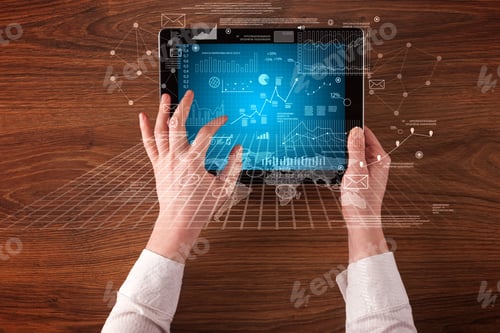 Preview: Caucasian Business Hands Holding Tablet With Business Screen