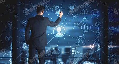 Preview: Businessman Drawing Social Media Connection Scheme On Glass Window With Night Cityscape Background