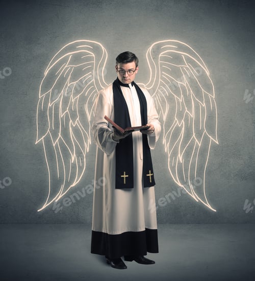 Preview: A Young Male Priest With Drawn Large Angel Wings Standing With The Holy Bible In His Hands Concept.