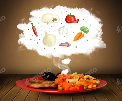 Preview: Plate Of Food With Vegetable Ingredients Illustration In Cloud On Wood Deck