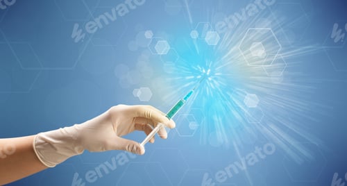 Preview: Female Doctor Hand Holding Syringe With Shiny Background
