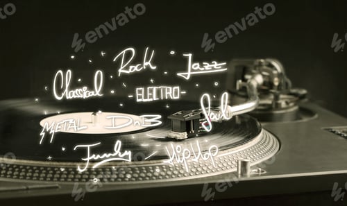 Preview: Turntable With Vinyl And Music Genres Writen Concept On Background