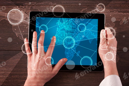 Preview: Caucasian Business Hands Holding Tablet With Blue Business-Statistics Screen