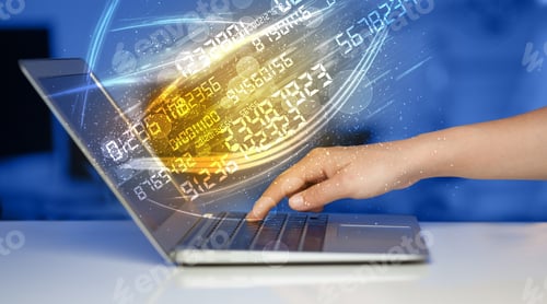 Preview: Man Typing On Modern Notebook With Future Number Technology Data Coming Out