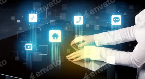 Preview: Modern Smart Table With High Tech Icons On Its Interface Screen Concept