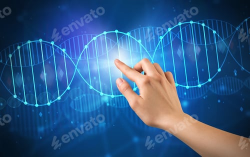 Preview: Female Hand Touching Dna Molecule With Blue Background