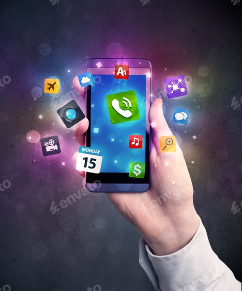 Preview: Caucasian Hand In Business Suit Holding A Smartphone With Colorful Media Icons