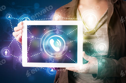 Preview: Young Lady Showing Social Networking Technology With Colorful Lights