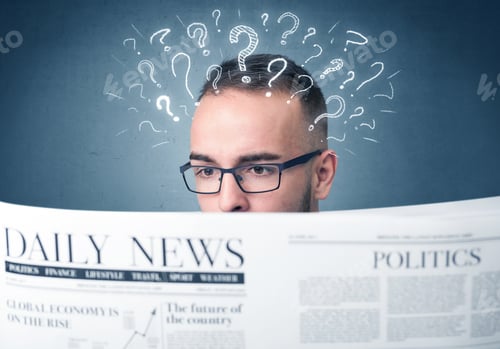 Preview: Young Confused Businessman Reading Daily Newspaper With Question Marks Above His Head