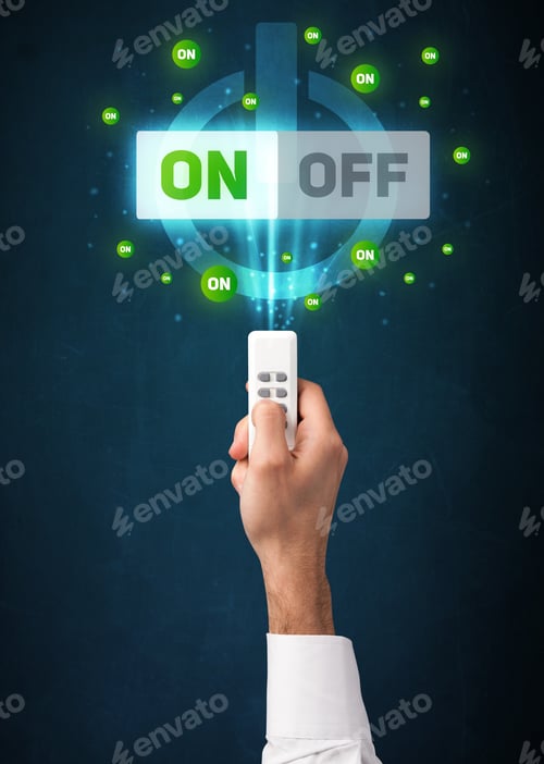 Preview: Hand Holding A Remote Control, On-Off Signal Coming Out Of It