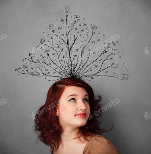Preview: Pretty Young Woman Thinking With Tangled Lines Coming Out Of Her Head