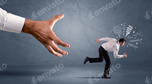 Preview: Stressful Businessman Running From A Big Hand Concept On Background
