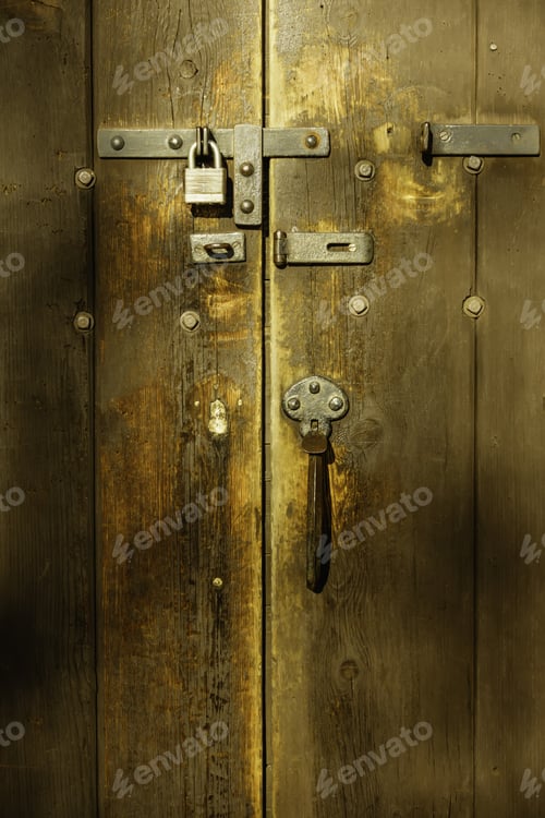 Preview: Detail Of Antique Wooden Door With Padlock And Hardware On Restored Victorian House Built In 1858