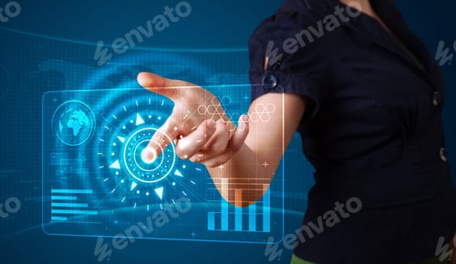 Preview: Young Woman Pressing High Tech Type Of Modern Buttons