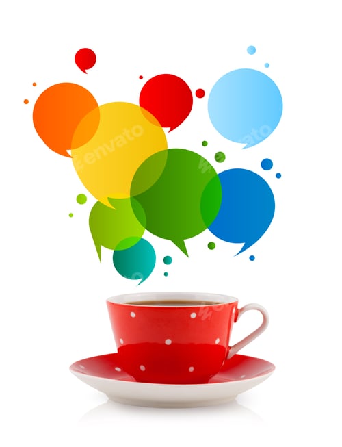 Preview: Coffee-Mug With Colorful Abstract Speech Bubble, Isolated On White