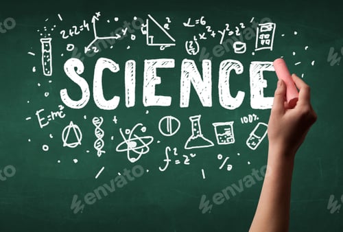 Preview: A Teacher Writing Science, Drawing Chemistry Elements On Clean Green Chalkboard By Hand